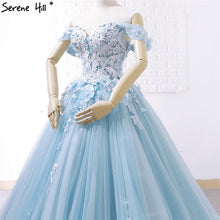 Load image into Gallery viewer, Blue Off Shoulder Handmade Flowers Wedding Dresses 2019 Sexy Sleeveless Crystal High-end Bridal Gowns Real Photo C66706
