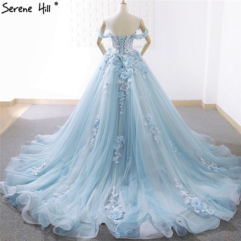 Blue Off Shoulder Handmade Flowers Wedding Dresses 2019 Sexy Sleeveless Crystal High-end Bridal Gowns Real Photo C66706