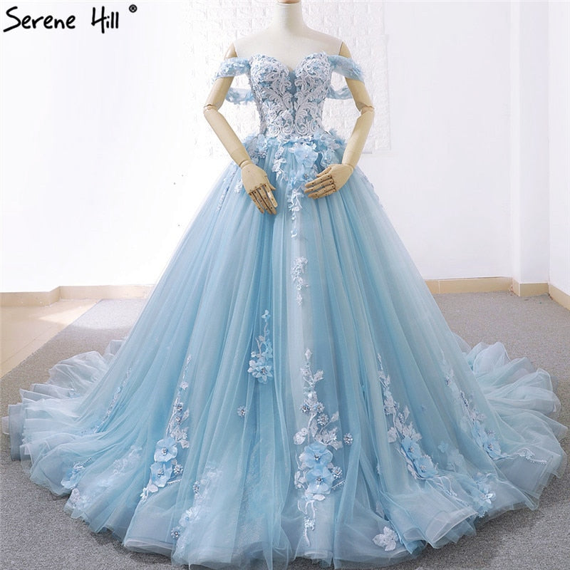 Blue Off Shoulder Handmade Flowers Wedding Dresses 2019 Sexy Sleeveless Crystal High-end Bridal Gowns Real Photo C66706