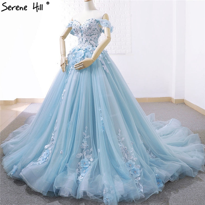 Blue Off Shoulder Handmade Flowers Wedding Dresses 2019 Sexy Sleeveless Crystal High-end Bridal Gowns Real Photo C66706