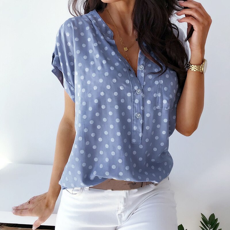 Blue Polka Dot Print Womens Tops And Blouses Short Sleeve V Neck Slim Blouse Women Summer Clothes Casual Loose Shirts Streetwear