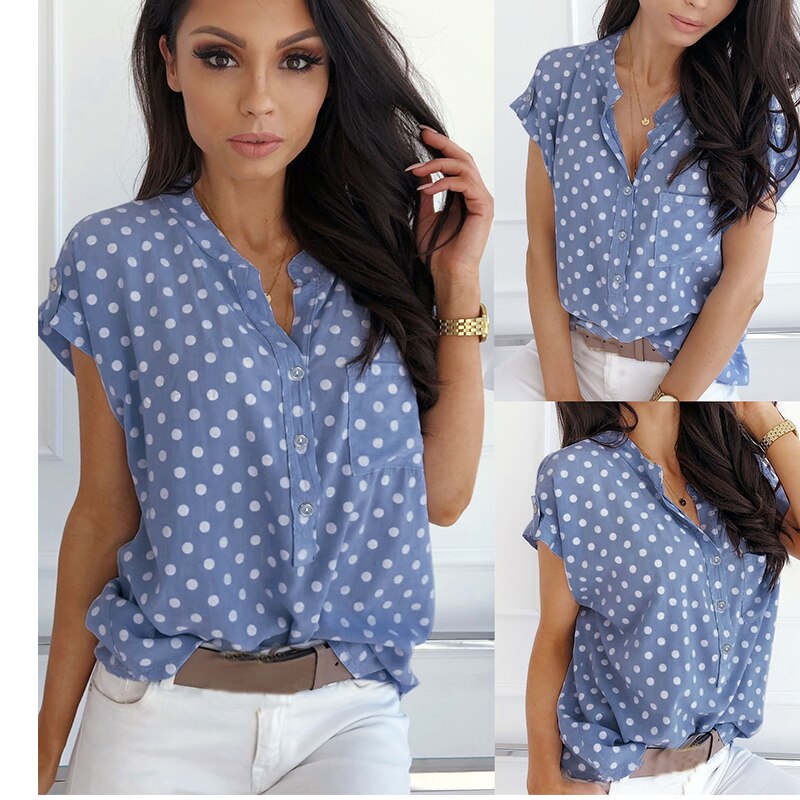 Blue Polka Dot Print Womens Tops And Blouses Short Sleeve V Neck Slim Blouse Women Summer Clothes Casual Loose Shirts Streetwear