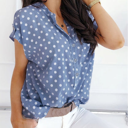 Blue Polka Dot Print Womens Tops And Blouses Short Sleeve V Neck Slim Blouse Women Summer Clothes Casual Loose Shirts Streetwear