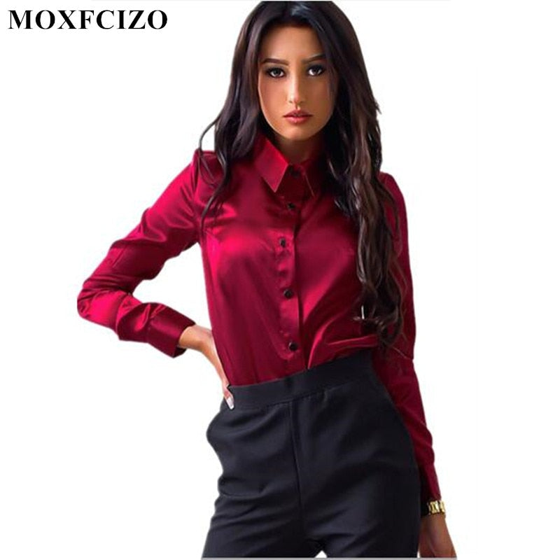 Blusa Women Blouse Elegant Wine red Green Satin Shirt Turn Down Collar Longth Sleeve Female Formal Office OL Blouse Women Tops