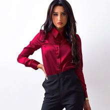 將圖片載入圖庫檢視器 Blusa Women Blouse Elegant Wine red Green Satin Shirt Turn Down Collar Longth Sleeve Female Formal Office OL Blouse Women Tops
