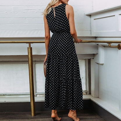 Boho Summer Dress 2019 Women Bohemian Dot Print O Neck Sleeveless Evening Party Dress Elegant Long Maxi A Line Dress vestidos