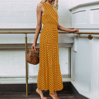 Boho Summer Dress 2019 Women Bohemian Dot Print O Neck Sleeveless Evening Party Dress Elegant Long Maxi A Line Dress vestidos