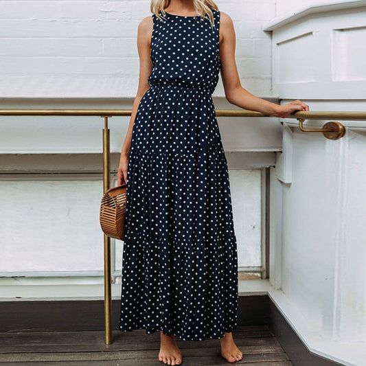 Boho Summer Dress 2019 Women Bohemian Dot Print O Neck Sleeveless Evening Party Dress Elegant Long Maxi A Line Dress vestidos