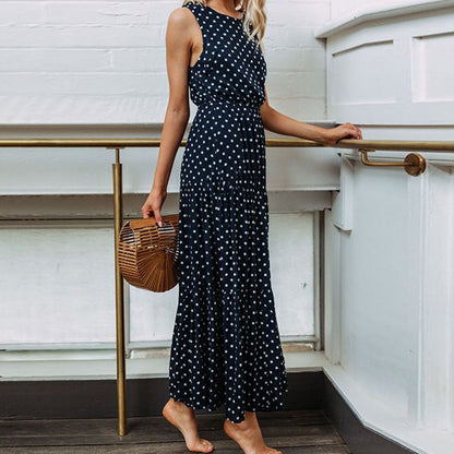 Boho Summer Dress 2019 Women Bohemian Dot Print O Neck Sleeveless Evening Party Dress Elegant Long Maxi A Line Dress vestidos
