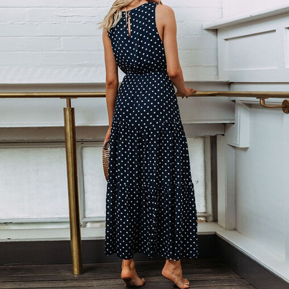 Boho Summer Dress 2019 Women Bohemian Dot Print O Neck Sleeveless Evening Party Dress Elegant Long Maxi A Line Dress vestidos