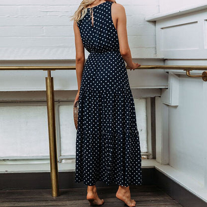 Boho Summer Dress 2019 Women Bohemian Dot Print O Neck Sleeveless Evening Party Dress Elegant Long Maxi A Line Dress vestidos