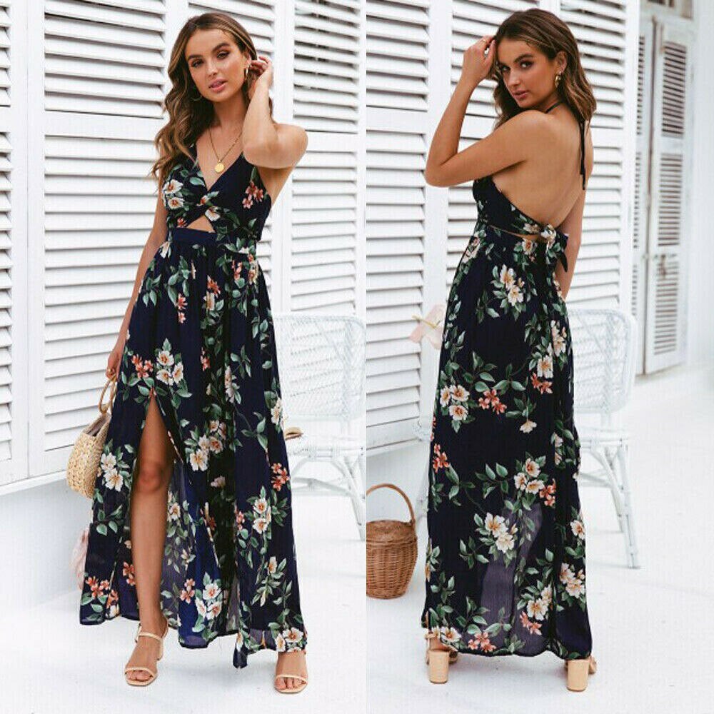 Bohemian Style Summer Floral Long Maxi Dress Women Sexy Halter Backless Straps Evening Party Beach Dresses Holiday Wear Sundress
