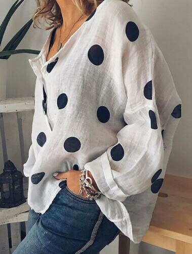 Women's Bohemian Style Summer Cotton Nlend Tops V Neck Dot Top Blouse Casual Loose Baggy Tops Shirts Plus Size
