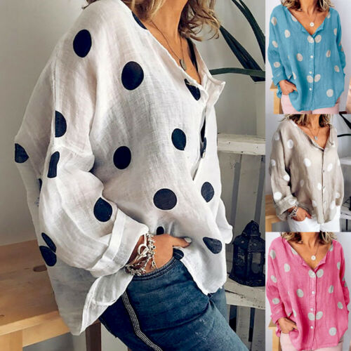 Women's Bohemian Style Summer Cotton Nlend Tops V Neck Dot Top Blouse Casual Loose Baggy Tops Shirts Plus Size