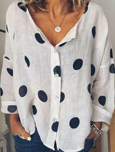Women's Bohemian Style Summer Cotton Nlend Tops V Neck Dot Top Blouse Casual Loose Baggy Tops Shirts Plus Size