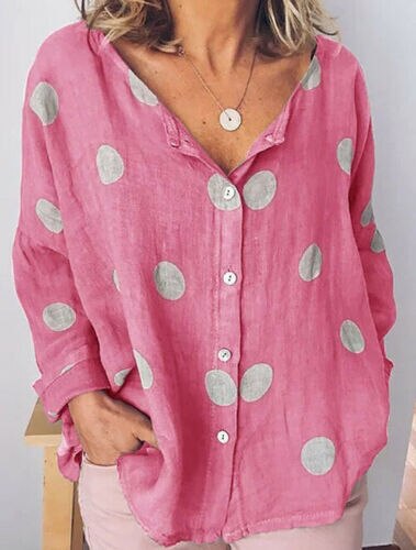 Women's Bohemian Style Summer Cotton Nlend Tops V Neck Dot Top Blouse Casual Loose Baggy Tops Shirts Plus Size