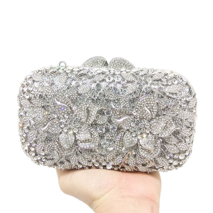 Boutique De FGG Dazzling Silver Flower Women Crystal Clutch Evening Bags Hollow Out Wedding Party Shoulder Handbag and Purse