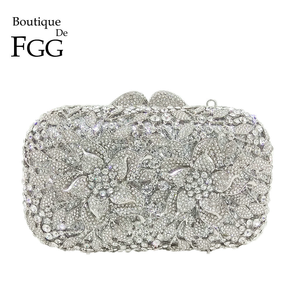 Boutique De FGG Dazzling Silver Flower Women Crystal Clutch Evening Bags Hollow Out Wedding Party Shoulder Handbag and Purse