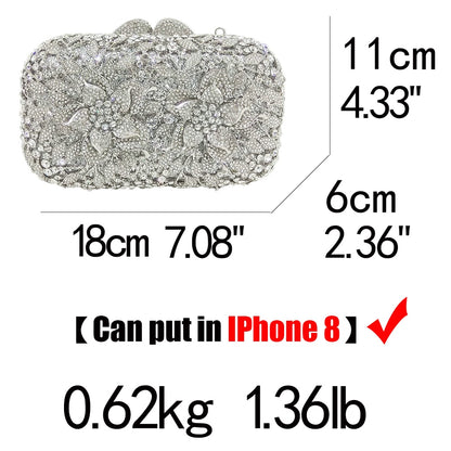 Boutique De FGG Dazzling Silver Flower Women Crystal Clutch Evening Bags Hollow Out Wedding Party Shoulder Handbag and Purse