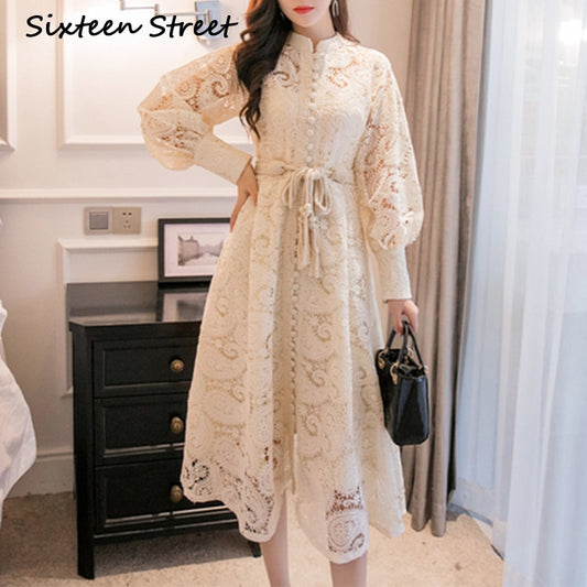 Women's Braided Belt High Waist Hollow Out Embroidered Long-sleeve Apricot vintage Maxi Fress autumn 2020 new