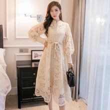 Load image into Gallery viewer, Women&#39;s Braided Belt High Waist Hollow Out Embroidered Long-sleeve Apricot vintage Maxi Fress autumn 2020 new
