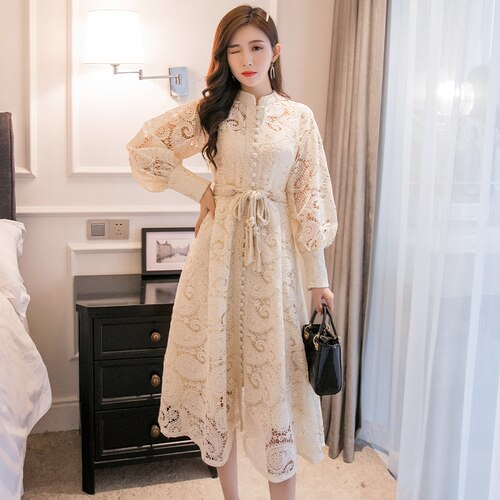 Women's Braided Belt High Waist Hollow Out Embroidered Long-sleeve Apricot vintage Maxi Fress autumn 2020 new