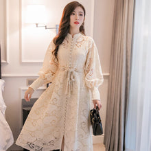 Load image into Gallery viewer, Women&#39;s Braided Belt High Waist Hollow Out Embroidered Long-sleeve Apricot vintage Maxi Fress autumn 2020 new
