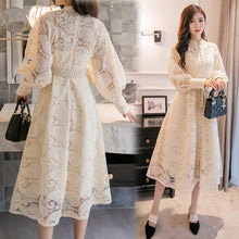Load image into Gallery viewer, Women&#39;s Braided Belt High Waist Hollow Out Embroidered Long-sleeve Apricot vintage Maxi Fress autumn 2020 new

