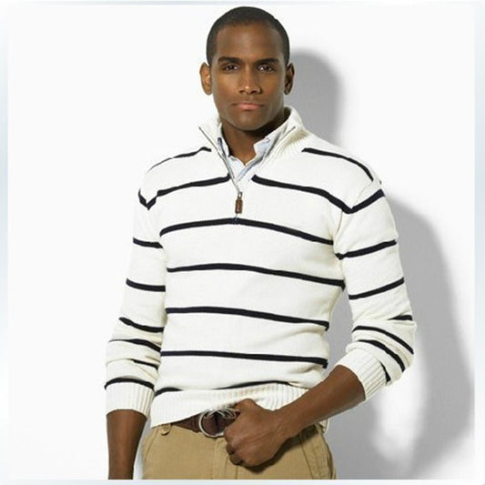 Men's Cotton Sweater Small Horse Eden Casual Sweaters Pull Homme Knitted Pullover Half Zipper Turtleneck Polo-Collar