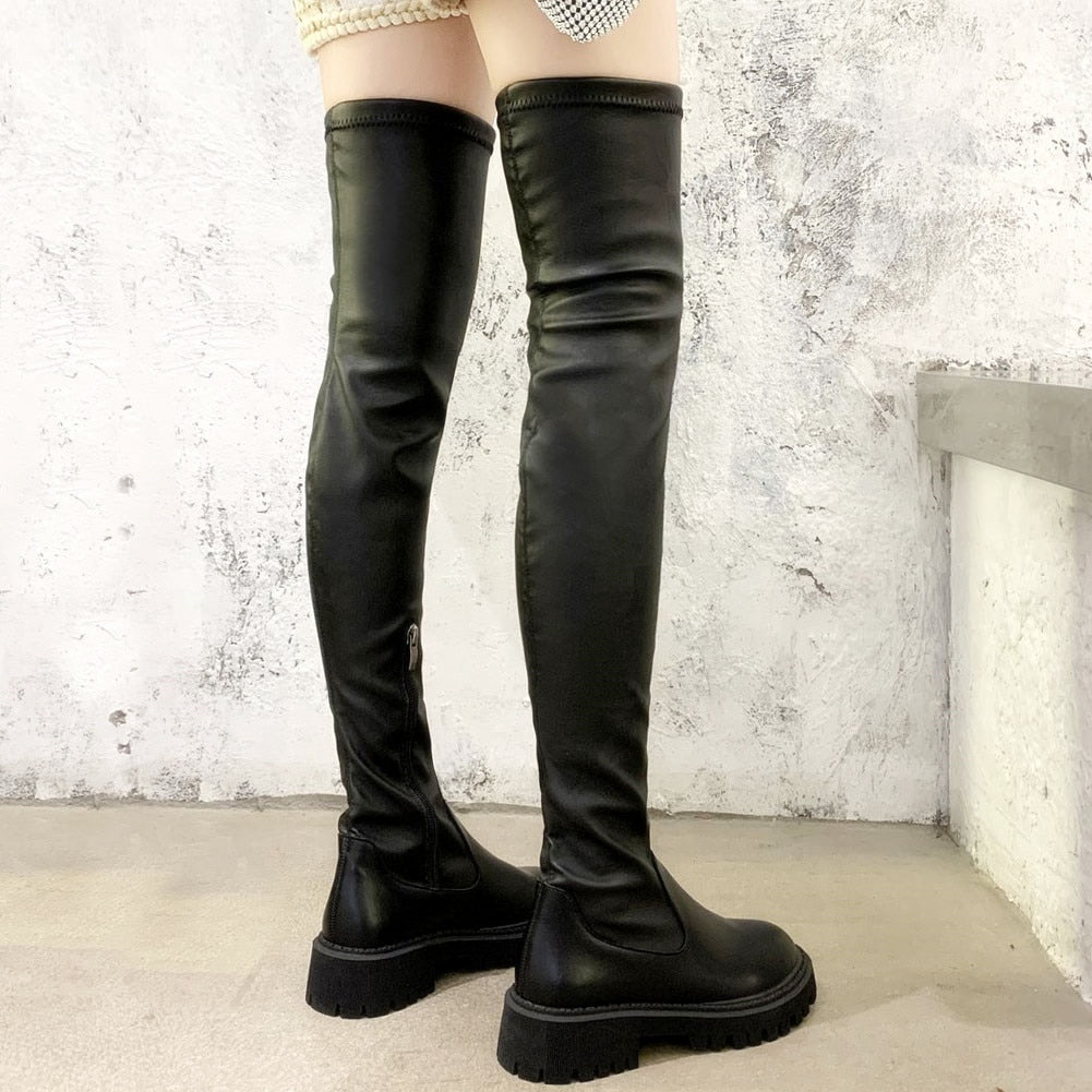 Brand Design Skidproof Sole Cosy Chunky Heels Fashion Stylish Leisure Cool Add Fur Winter Over The Knee High Boots Shoes Women