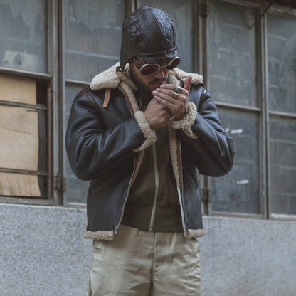 Bronson USAAF B-6 Shearling Flight Jacket Sheepskin Bomber Jacket Winter Warm Retro Military Jacket
