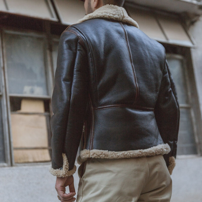 Bronson USAAF B-6 Shearling Flight Jacket Sheepskin Bomber Jacket Winter Warm Retro Military Jacket