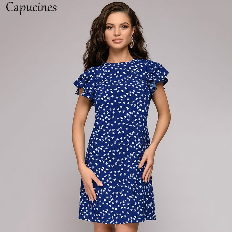Butterfly Pattern Print Straight Dress Women Short Sleeve O Neck Casual Summer Dress Layered Ruffles Sleeve Backless Mini Dress