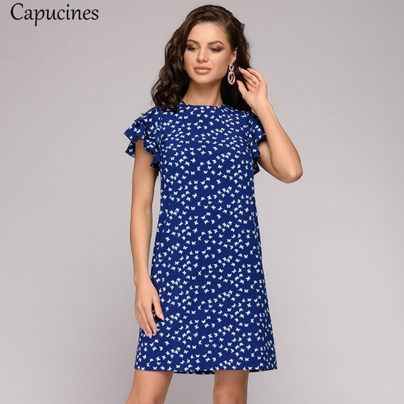 Butterfly Pattern Print Straight Dress Women Short Sleeve O Neck Casual Summer Dress Layered Ruffles Sleeve Backless Mini Dress