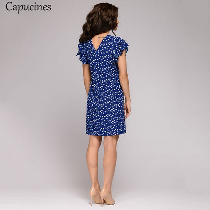 Butterfly Pattern Print Straight Dress Women Short Sleeve O Neck Casual Summer Dress Layered Ruffles Sleeve Backless Mini Dress