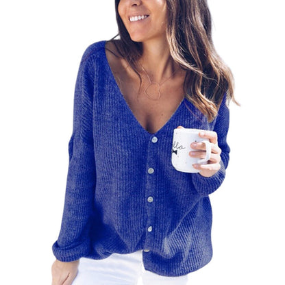 Button Soft Autumn Loose Daily Long Sleeve Solid Fashion Winter V Neck Women Knit Sweater Casual Party Spring