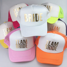 Load image into Gallery viewer, C&amp;Fung 2018 new BRIDE TEAM BRIDE Bachelorette Hats Wedding party Trucker Caps White Neon gold glitter print hats summer style
