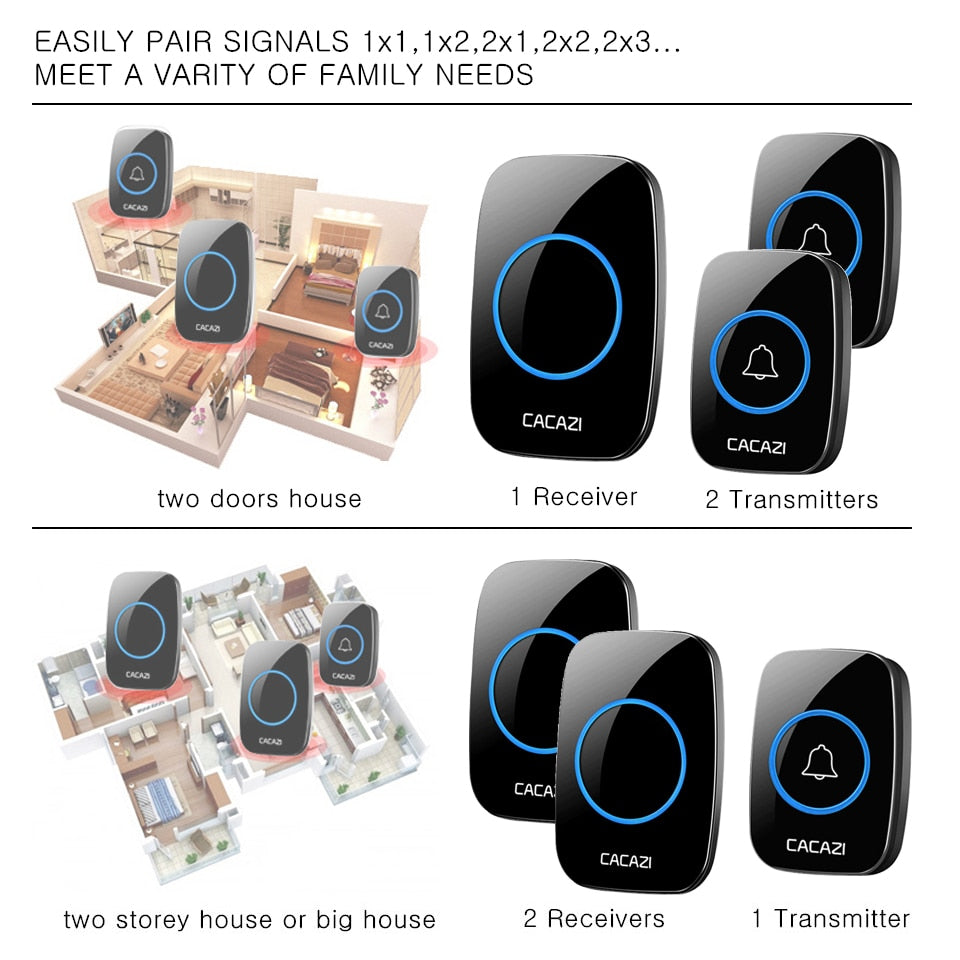 CACAZI Waterproof Wireless Doorbell 100-240V 60 Rings 5 Volume Chime 300M Remote Led Light Home Eu Us Uk Plug Black Door Bell