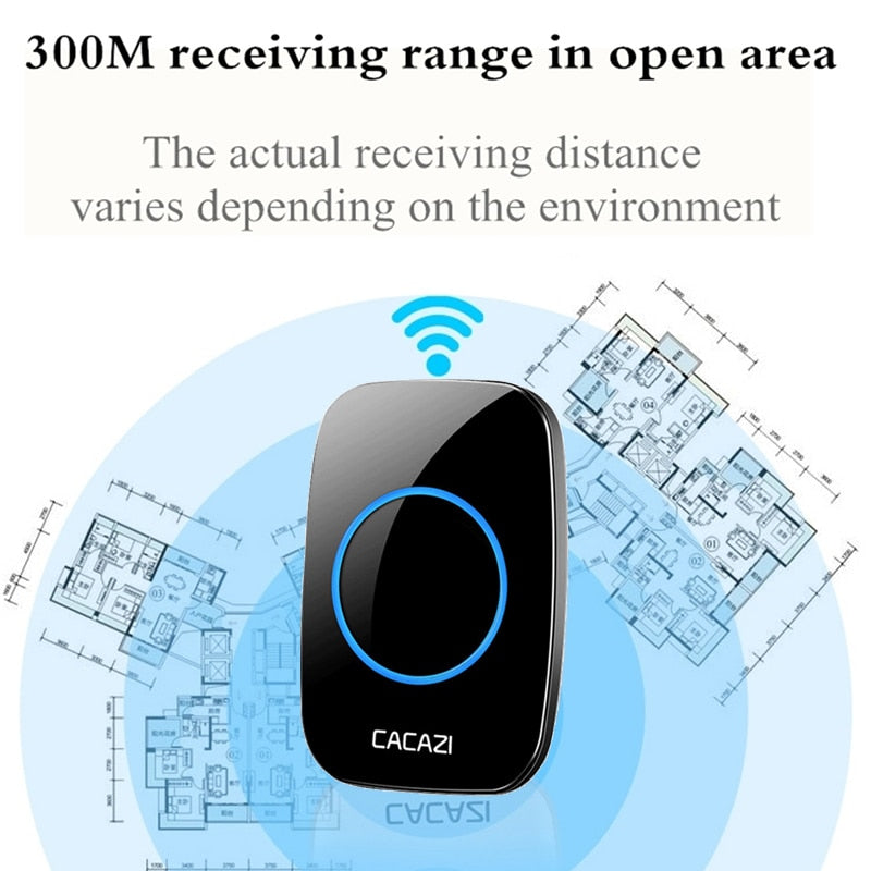 CACAZI Waterproof Wireless Doorbell 100-240V 60 Rings 5 Volume Chime 300M Remote Led Light Home Eu Us Uk Plug Black Door Bell