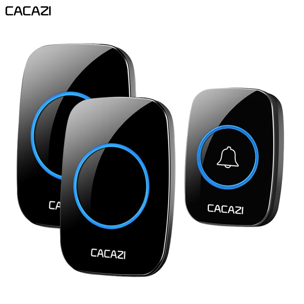 CACAZI Waterproof Wireless Doorbell 100-240V 60 Rings 5 Volume Chime 300M Remote Led Light Home Eu Us Uk Plug Black Door Bell