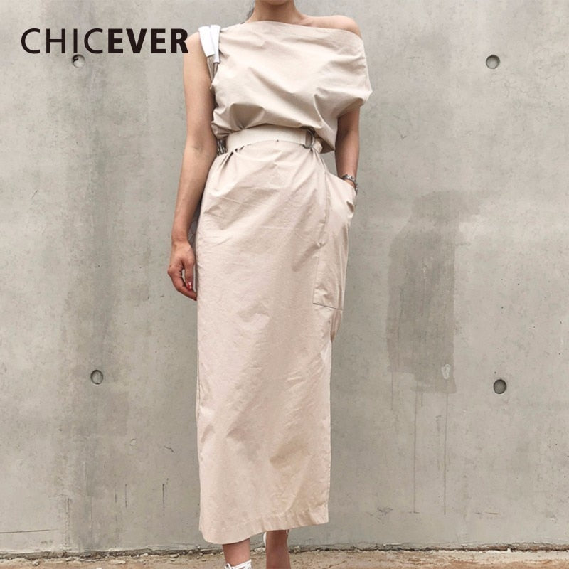 CHICEVER Summer Dresses Women Slash Neck Hem Split Big Pocket Waist Lace Up Slim Dress Female Korean Fashion Tide New