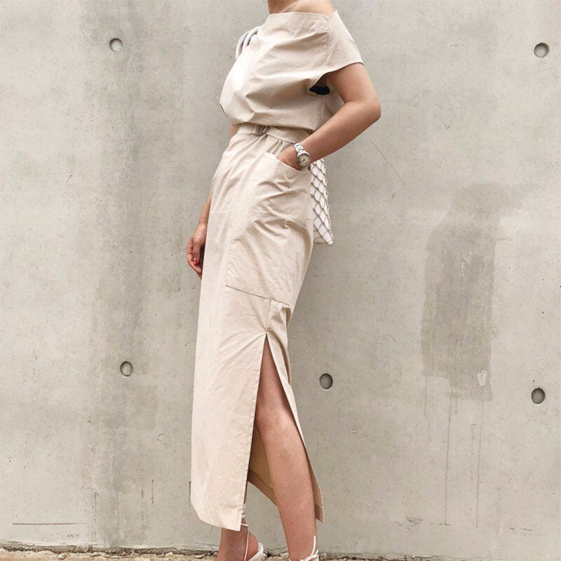 CHICEVER Summer Dresses Women Slash Neck Hem Split Big Pocket Waist Lace Up Slim Dress Female Korean Fashion Tide New