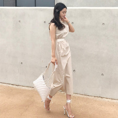 CHICEVER Summer Dresses Women Slash Neck Hem Split Big Pocket Waist Lace Up Slim Dress Female Korean Fashion Tide New