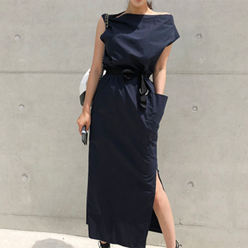 CHICEVER Summer Dresses Women Slash Neck Hem Split Big Pocket Waist Lace Up Slim Dress Female Korean Fashion Tide New
