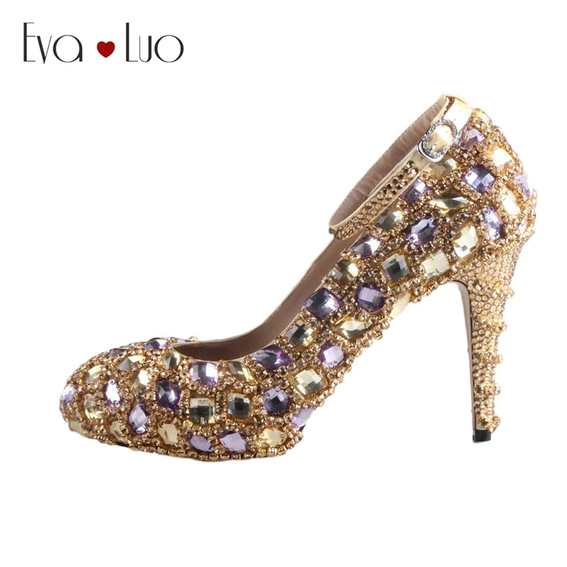 CHS326 Custom Handmade Rhinestone Gold Purple Crystal Ankle Strap Dress Pumps Bridal Wedding Shoes Women Pumps High Heels Shoes