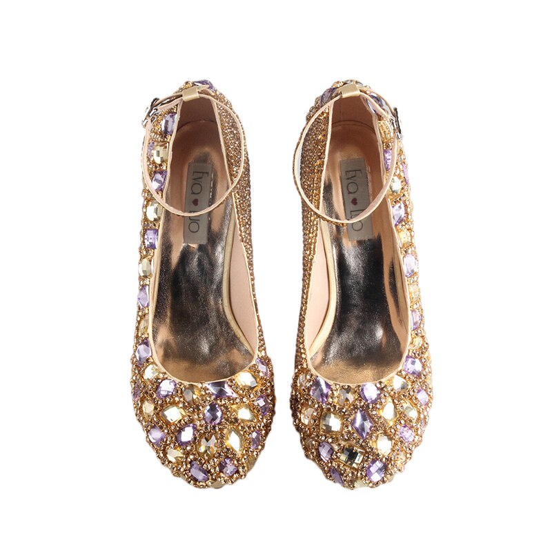 CHS326 Custom Handmade Rhinestone Gold Purple Crystal Ankle Strap Dress Pumps Bridal Wedding Shoes Women Pumps High Heels Shoes