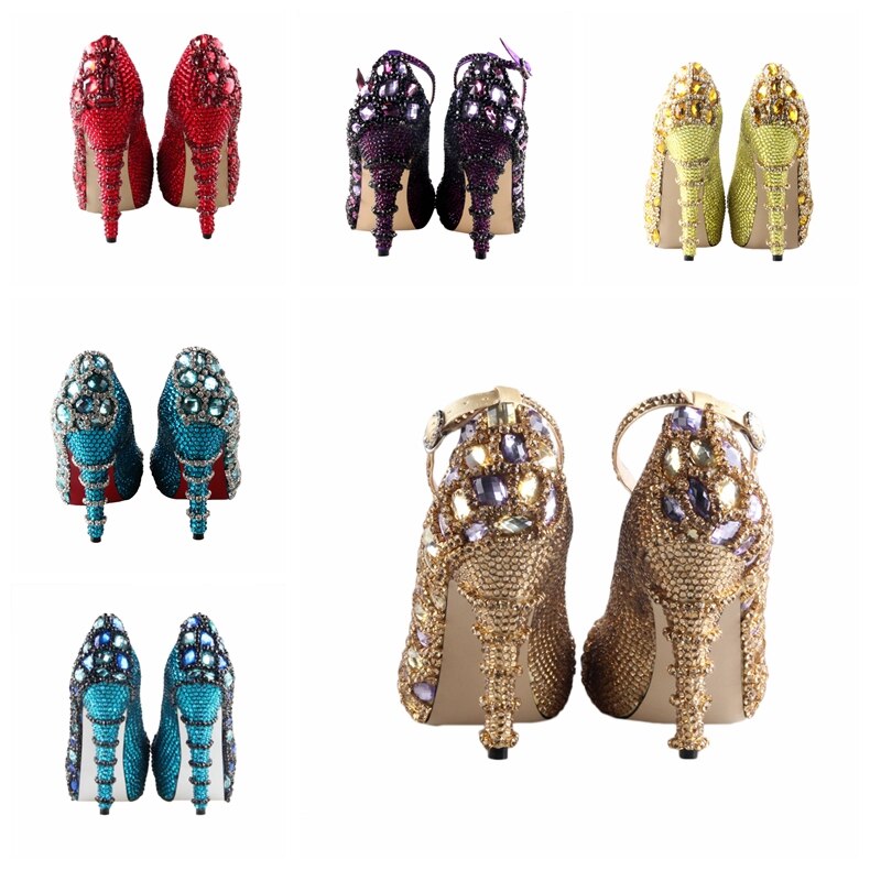 CHS326 Custom Handmade Rhinestone Gold Purple Crystal Ankle Strap Dress Pumps Bridal Wedding Shoes Women Pumps High Heels Shoes