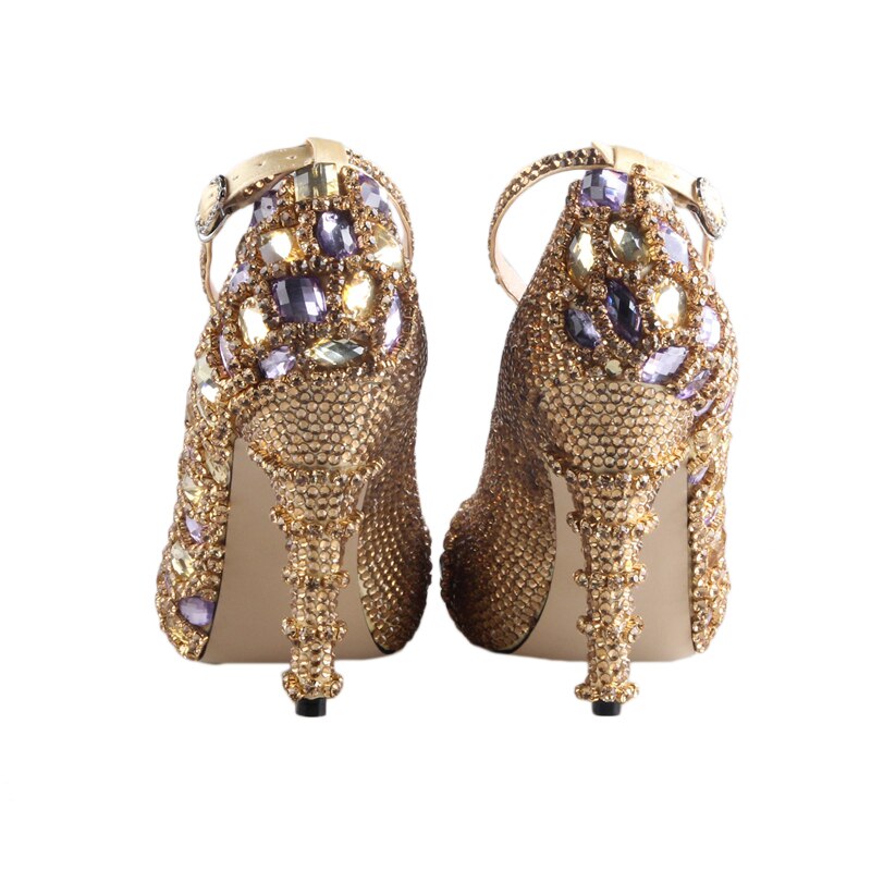 CHS326 Custom Handmade Rhinestone Gold Purple Crystal Ankle Strap Dress Pumps Bridal Wedding Shoes Women Pumps High Heels Shoes