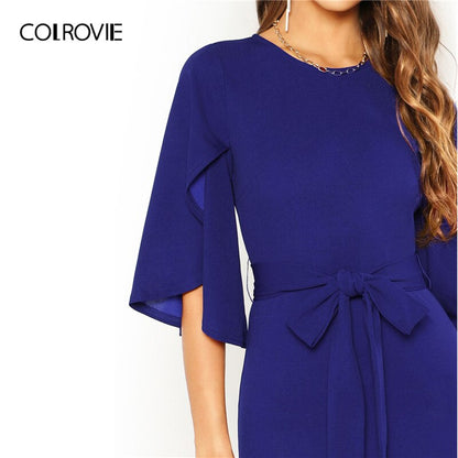 COLROVIE Blue Split Flutter Sleeve Bow Tie Belted Pencil Elegant Dress Women 2019 Summer Half Sleeve Office Midi Ladies Dresses