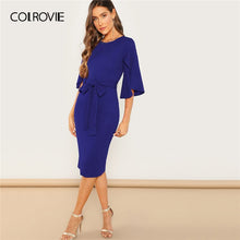 Charger l&#39;image dans la galerie, COLROVIE Blue Split Flutter Sleeve Bow Tie Belted Pencil Elegant Dress Women 2019 Summer Half Sleeve Office Midi Ladies Dresses
